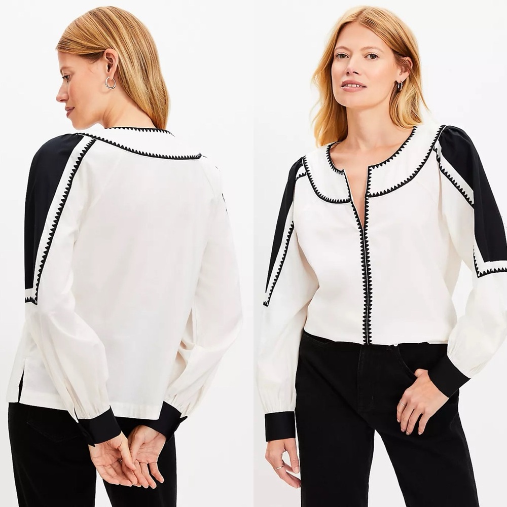 Loft / Colorblock Stitch Split Neck Blouse - image 2